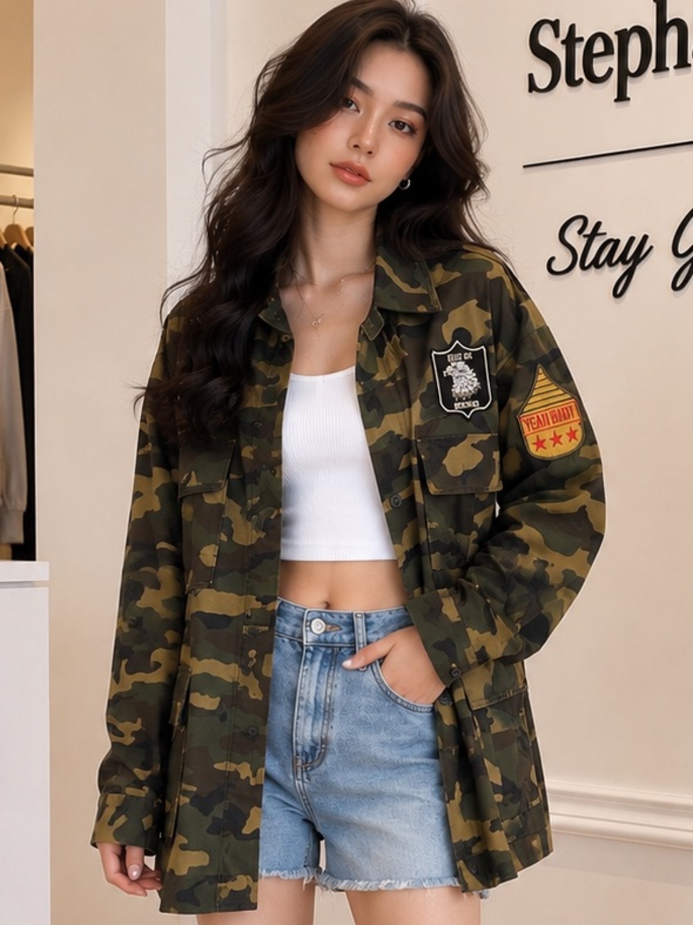 Women’s Olive Green Camo Military Utility Jacket with Patch Details
